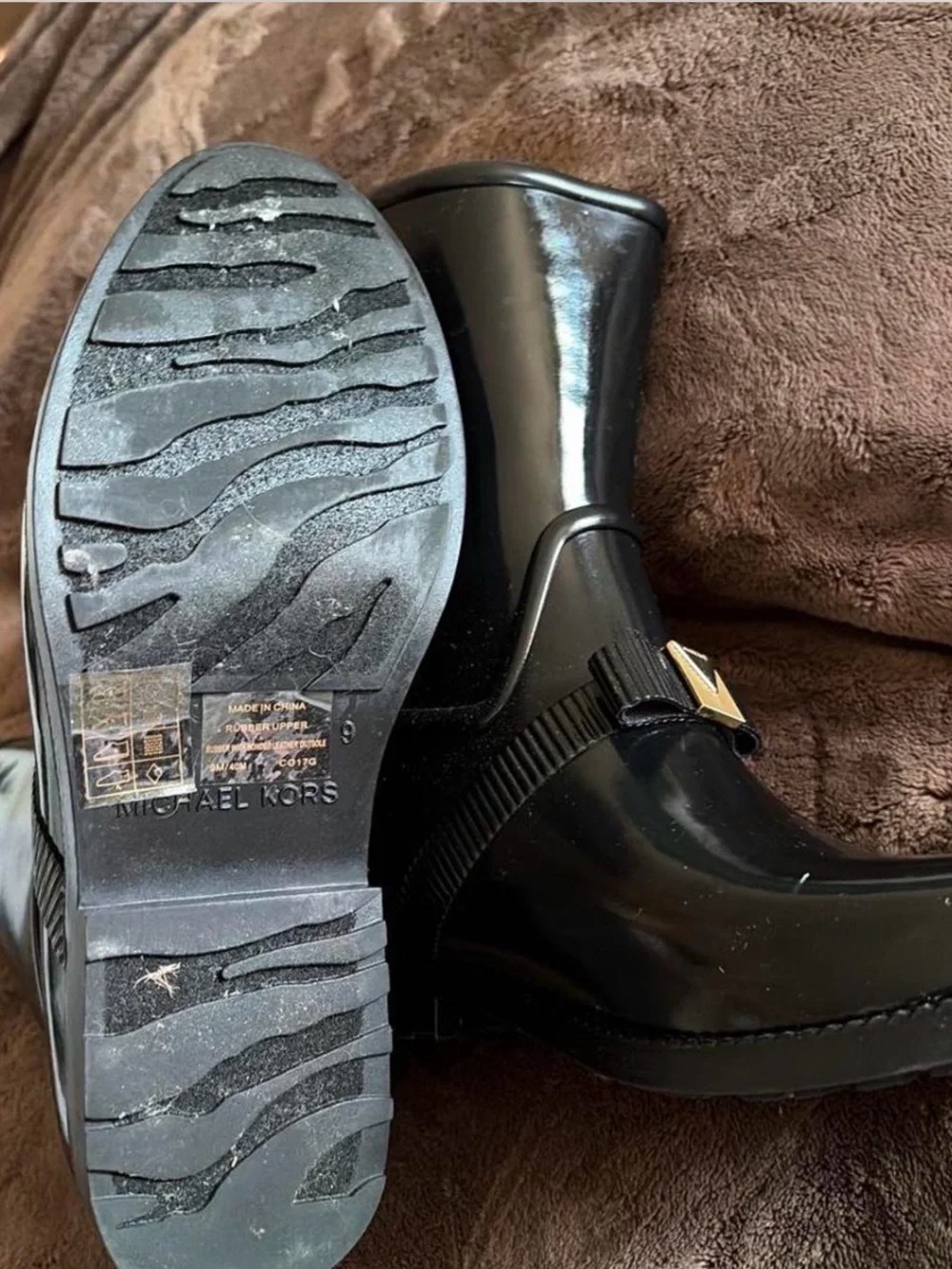 Michael Kors Black Patent Rain Boots with Gold Accent